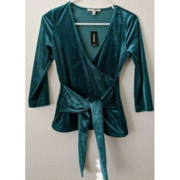 Express One Eleven XS Silver Gray Velvet Ribbed Wrap Shirt tie top blouse 0-2 - Picture 8 of 11